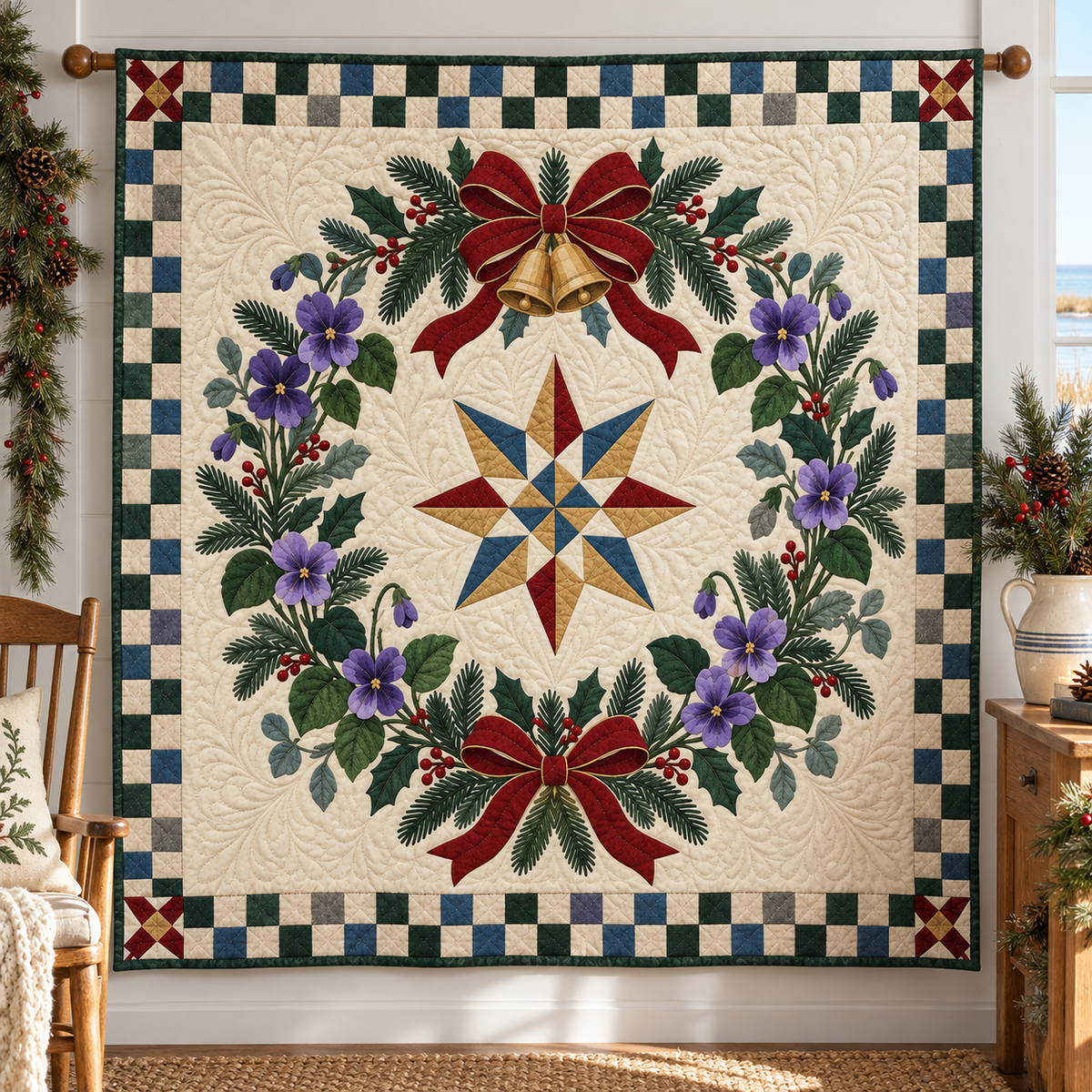 Violet Christmas Wreath TD271026147 Quilt Blanket — hanging mockup