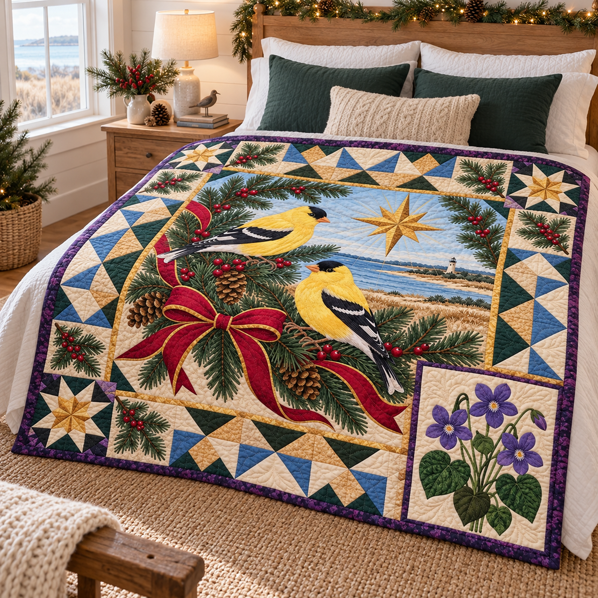 Goldfinch in the Christmas Star TD271026148 Quilt Blanket — bed mockup