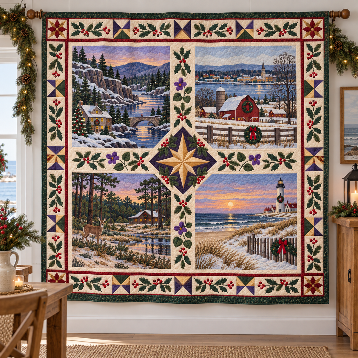 New Jersey Christmas Windows TD271026150 Quilt Blanket — hanging mockup