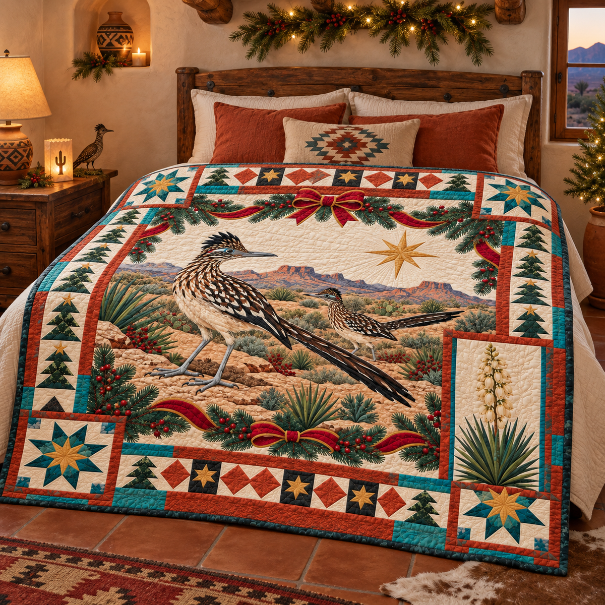 Roadrunner and Yucca Christmas Star TD271026153 Quilt Blanket — bed mockup