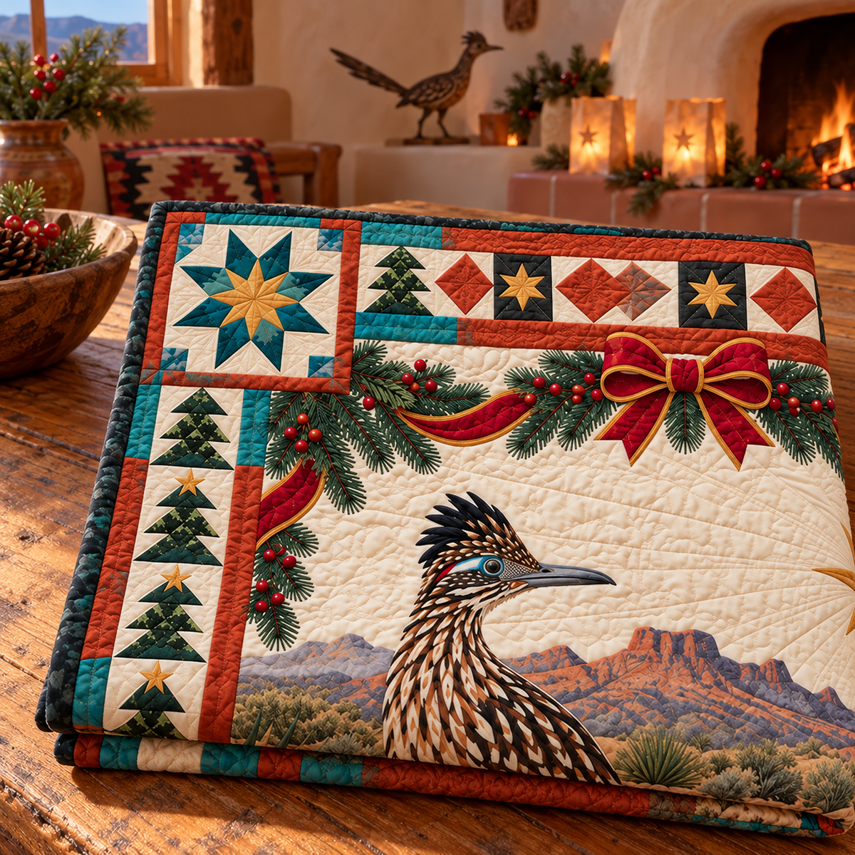 Roadrunner and Yucca Christmas Star TD271026153 Quilt Blanket — folded mockup