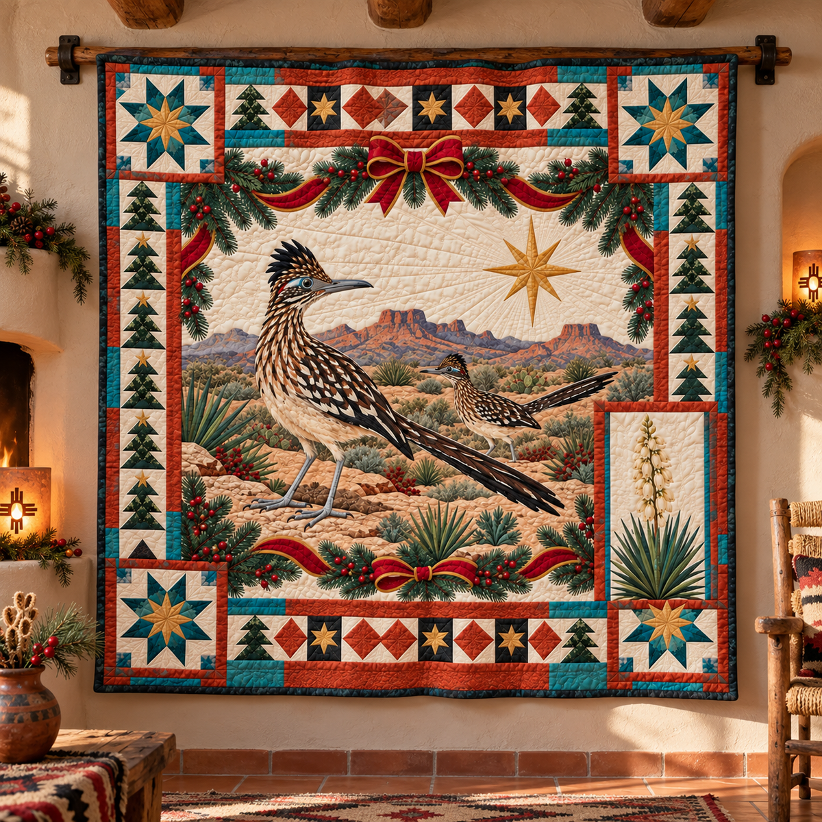 Roadrunner and Yucca Christmas Star TD271026153 Quilt Blanket — hanging mockup