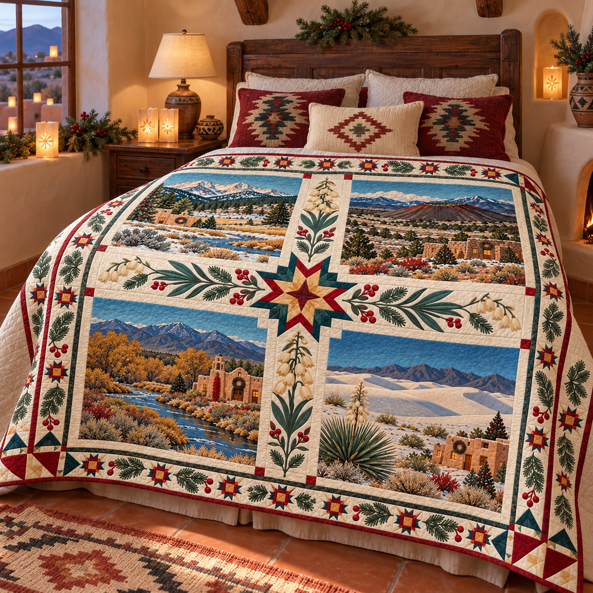New Mexico Christmas Windows TD271026155 Quilt Blanket — bed mockup