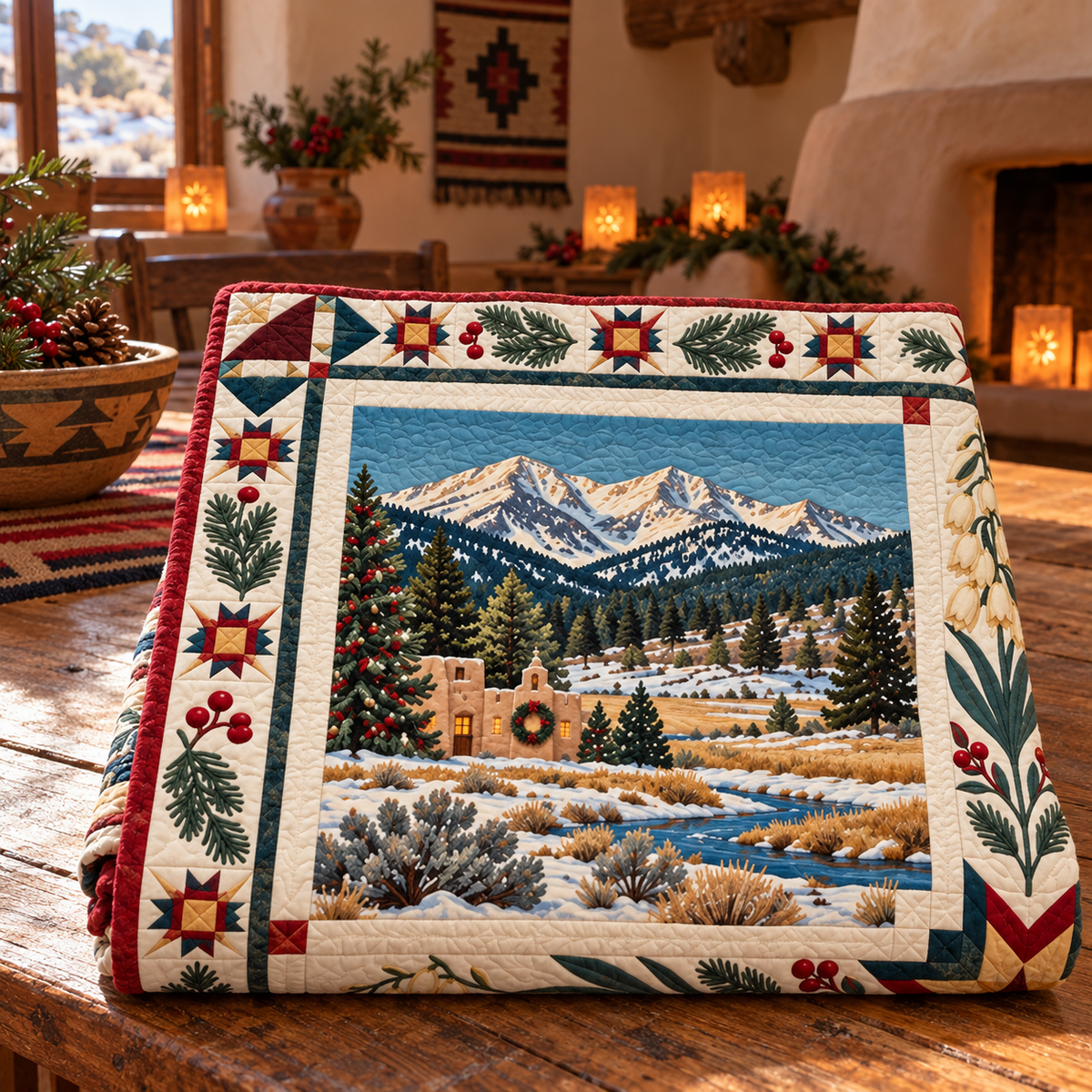 New Mexico Christmas Windows TD271026155 Quilt Blanket — folded mockup