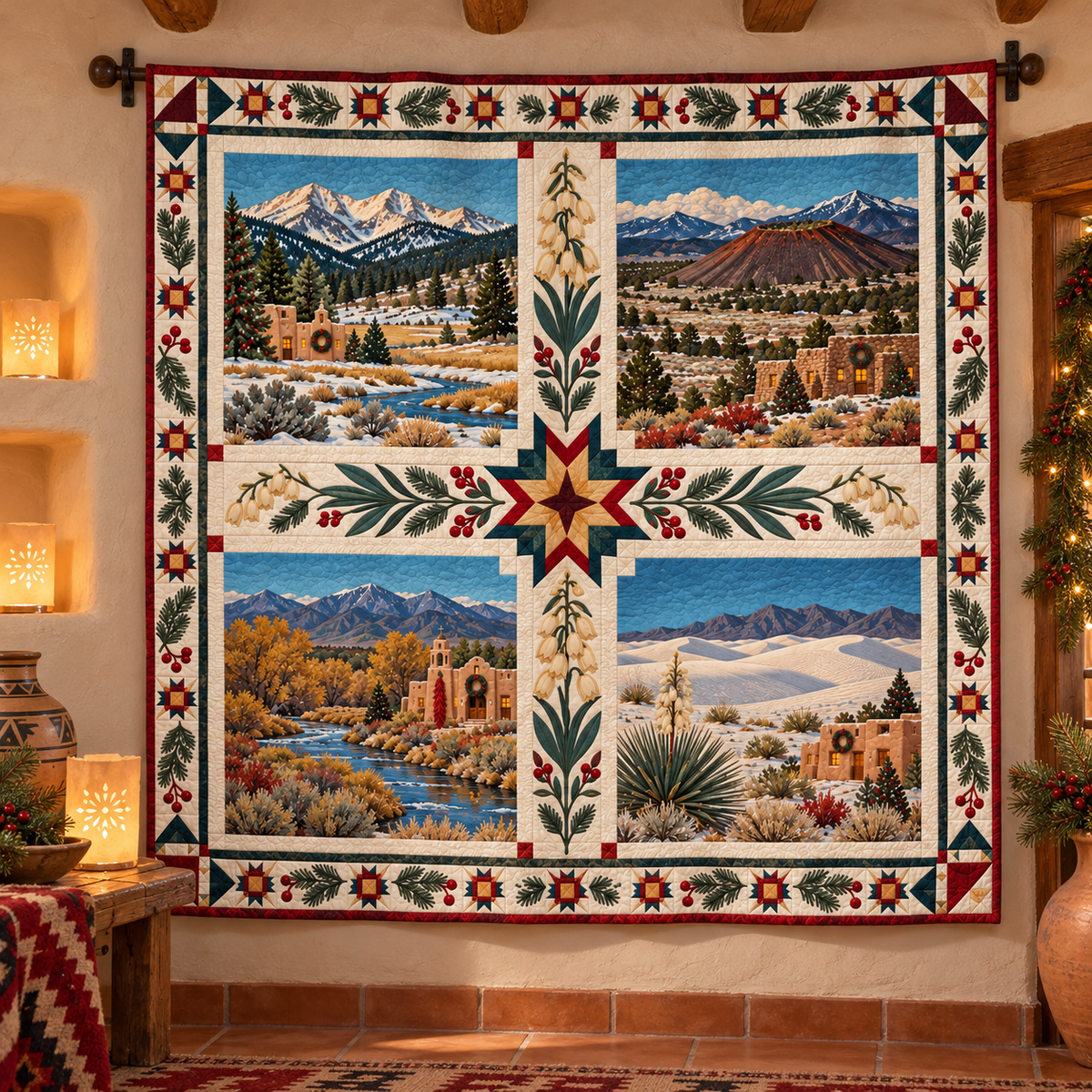 New Mexico Christmas Windows TD271026155 Quilt Blanket — hanging mockup