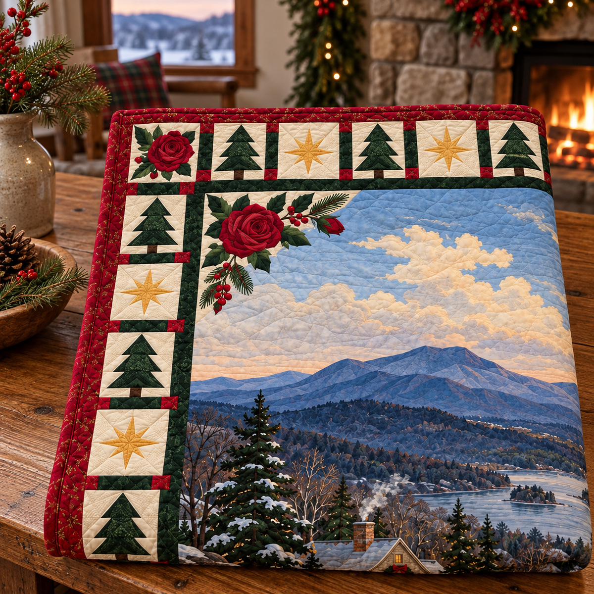 Rose and River Valley Christmas Eve TD271026156 Quilt Blanket — folded mockup