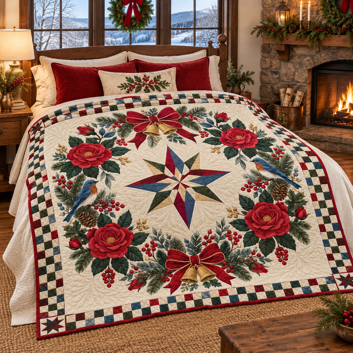 Rose Christmas Wreath TD271026157 Quilt Blanket — bed mockup