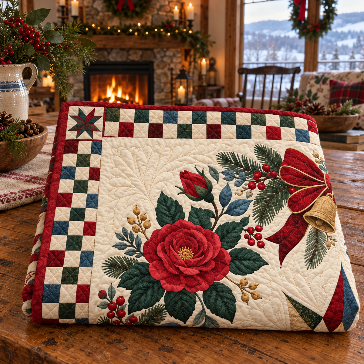 Rose Christmas Wreath TD271026157 Quilt Blanket — folded mockup