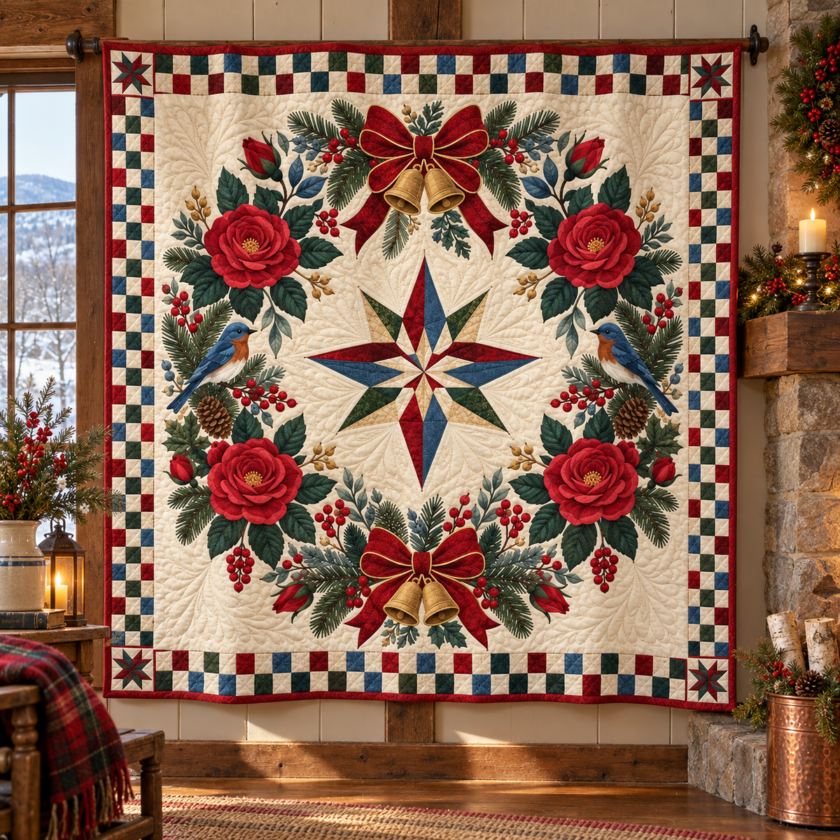 Rose Christmas Wreath TD271026157 Quilt Blanket — hanging mockup