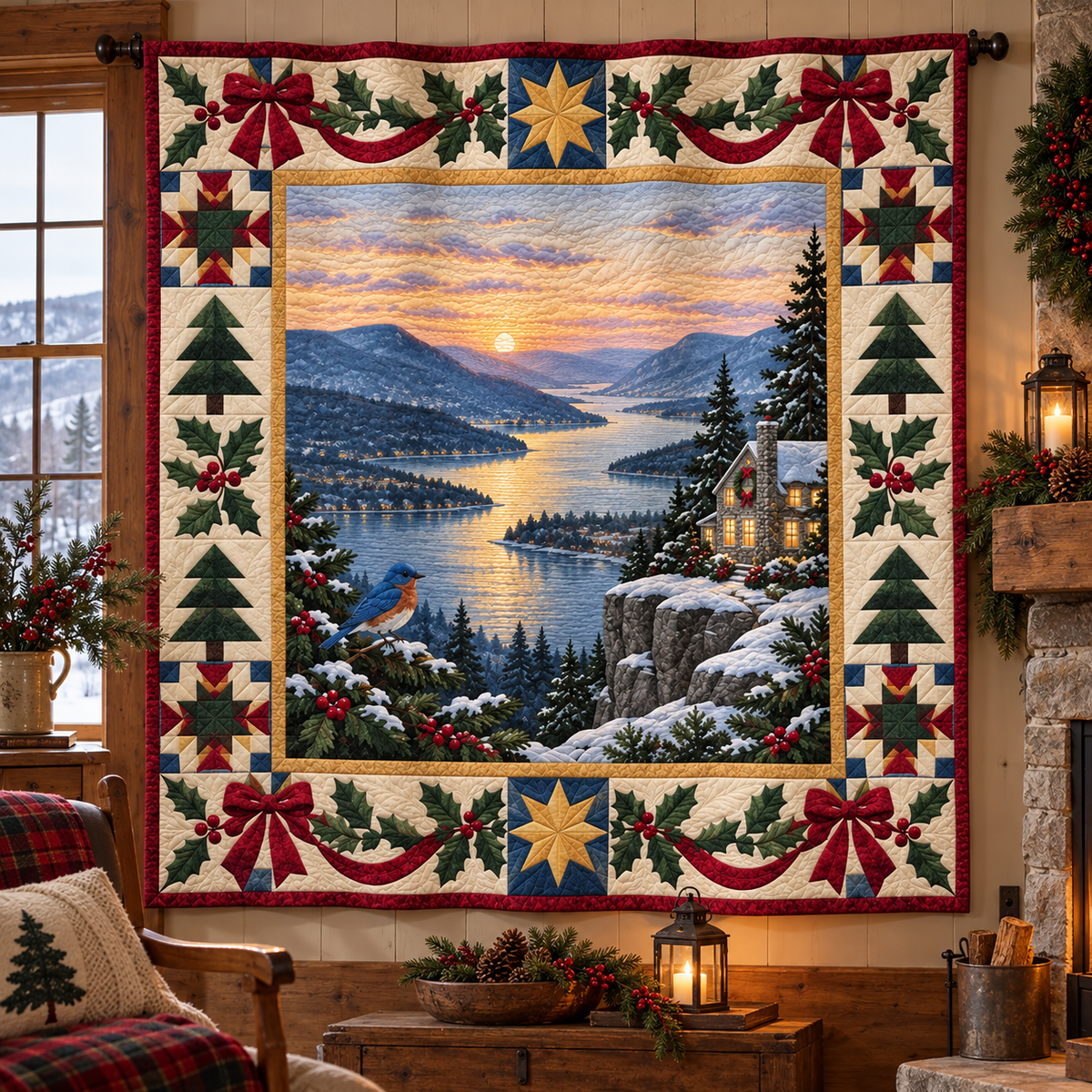 Hudson Studio Window Christmas Homecoming TD271026159 Quilt Blanket — hanging mockup