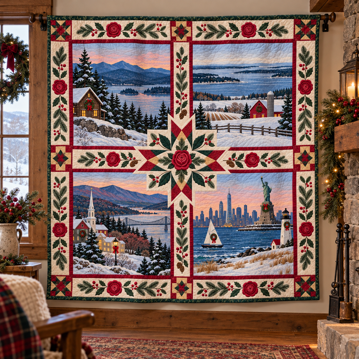 New York Christmas Windows TD271026160 Quilt Blanket — hanging mockup