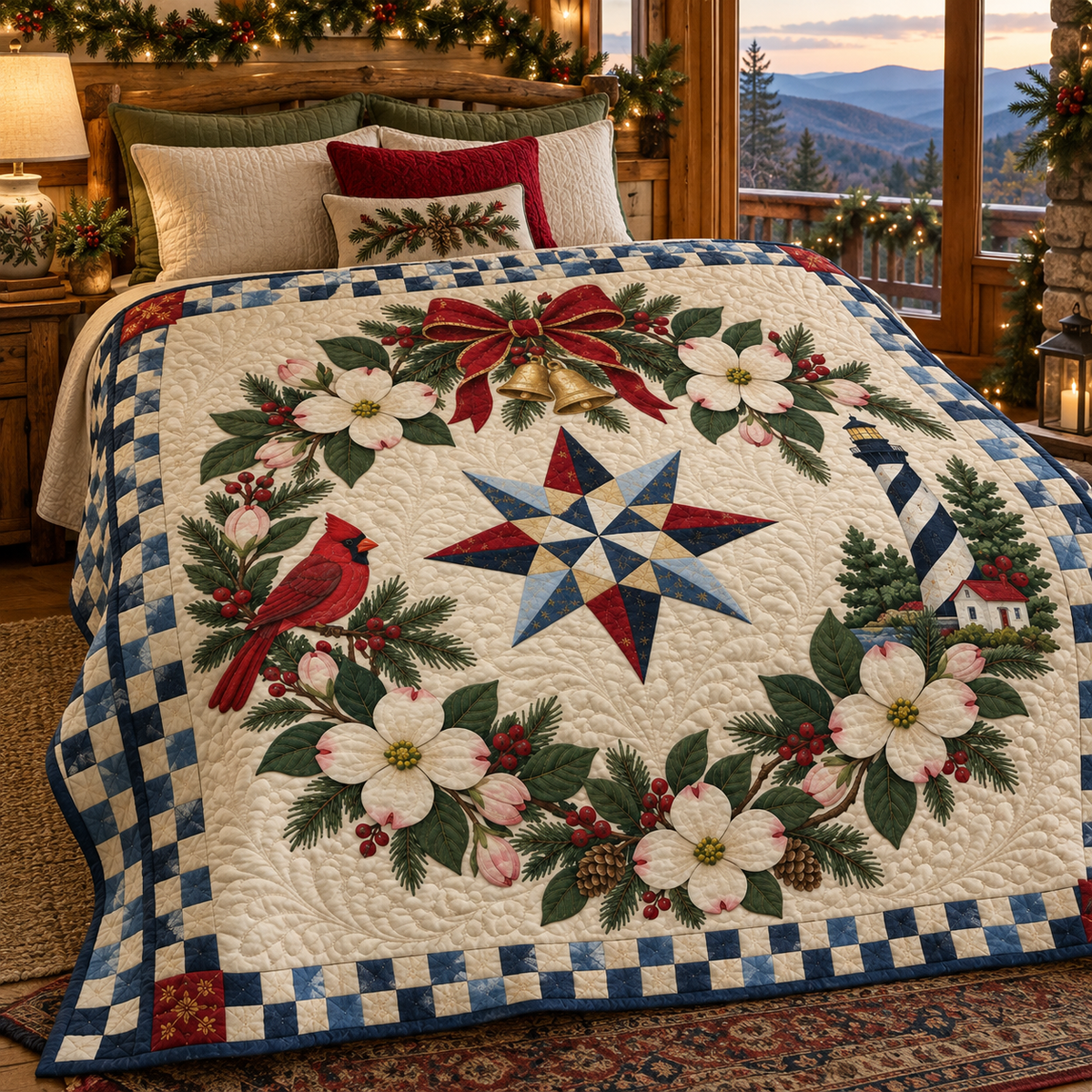 Flowering dogwood Christmas Wreath TD271026162 Quilt Blanket — bed mockup