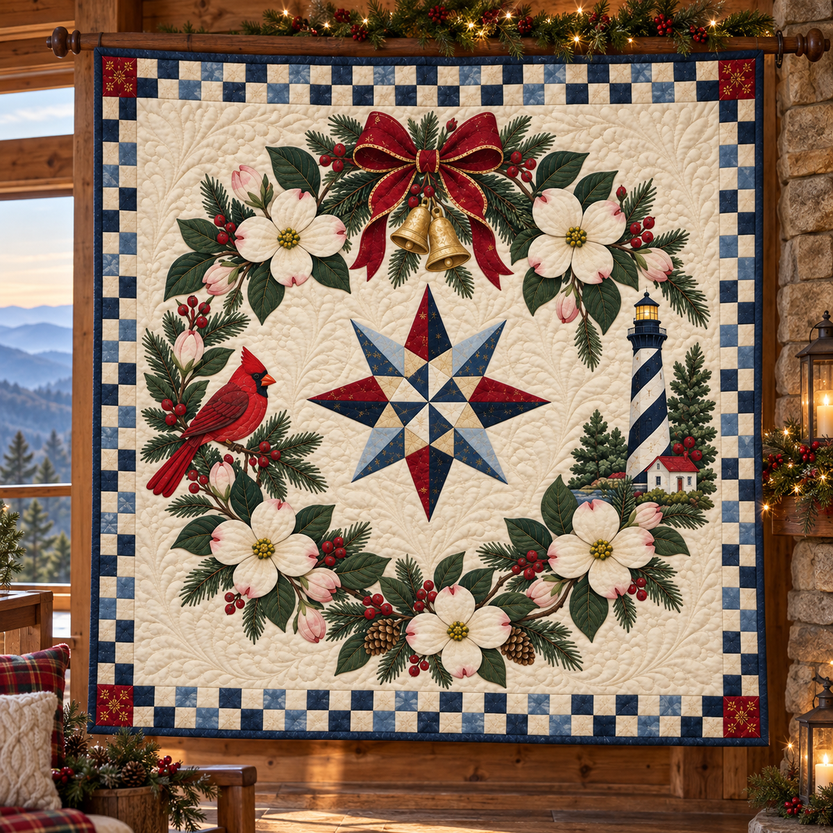 Flowering dogwood Christmas Wreath TD271026162 Quilt Blanket — hanging mockup