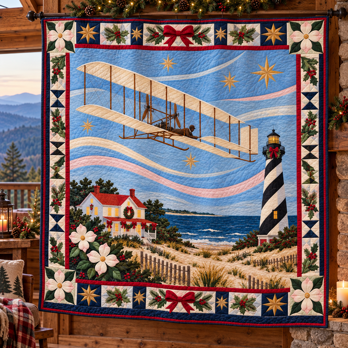 First Flight Windwork Christmas Homecoming TD271026164 Quilt Blanket — hanging mockup
