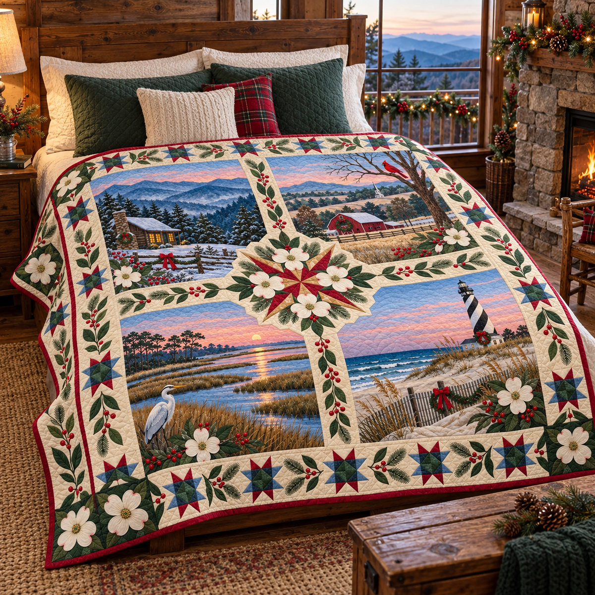 North Carolina Christmas Windows TD271026165 Quilt Blanket — bed mockup