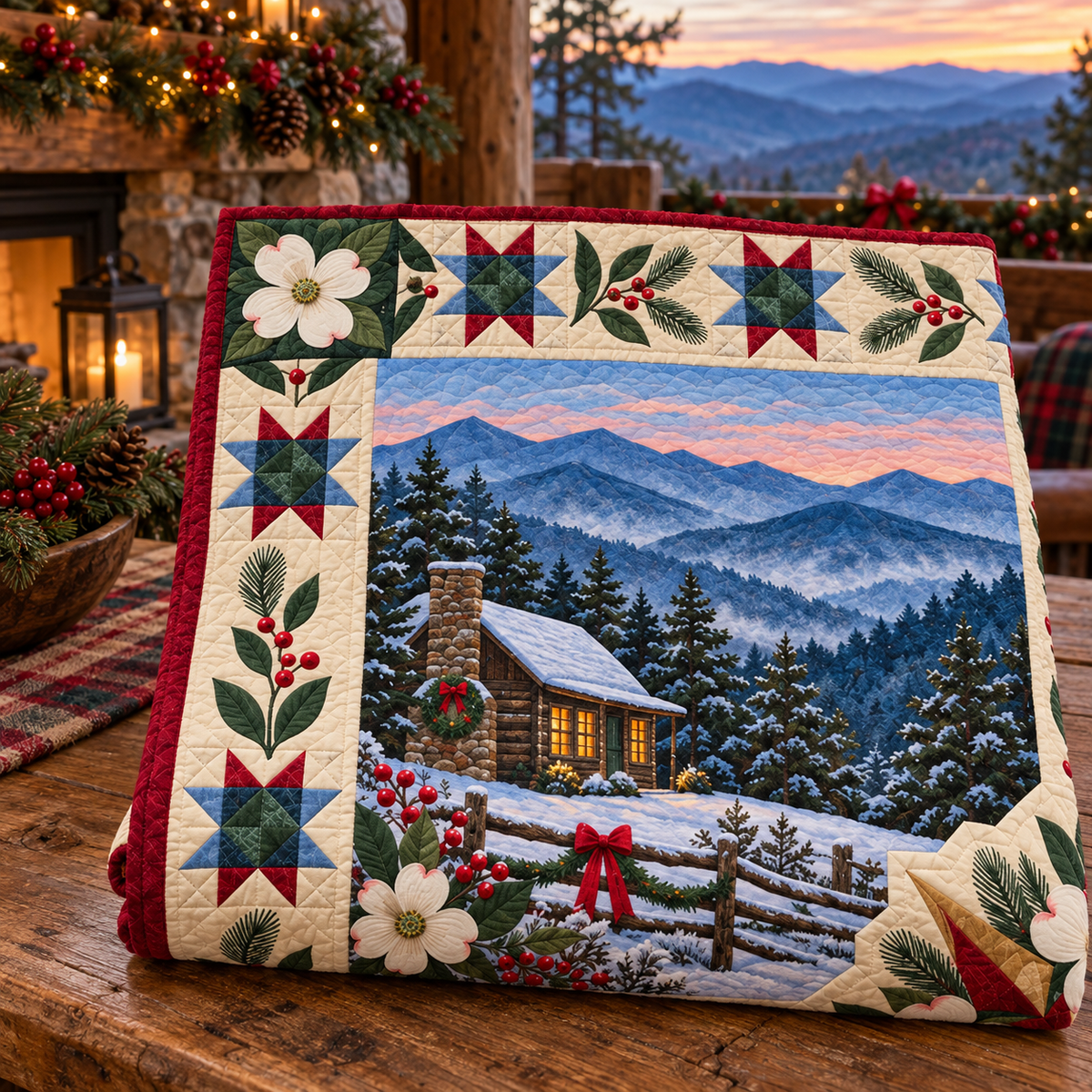 North Carolina Christmas Windows TD271026165 Quilt Blanket — folded mockup