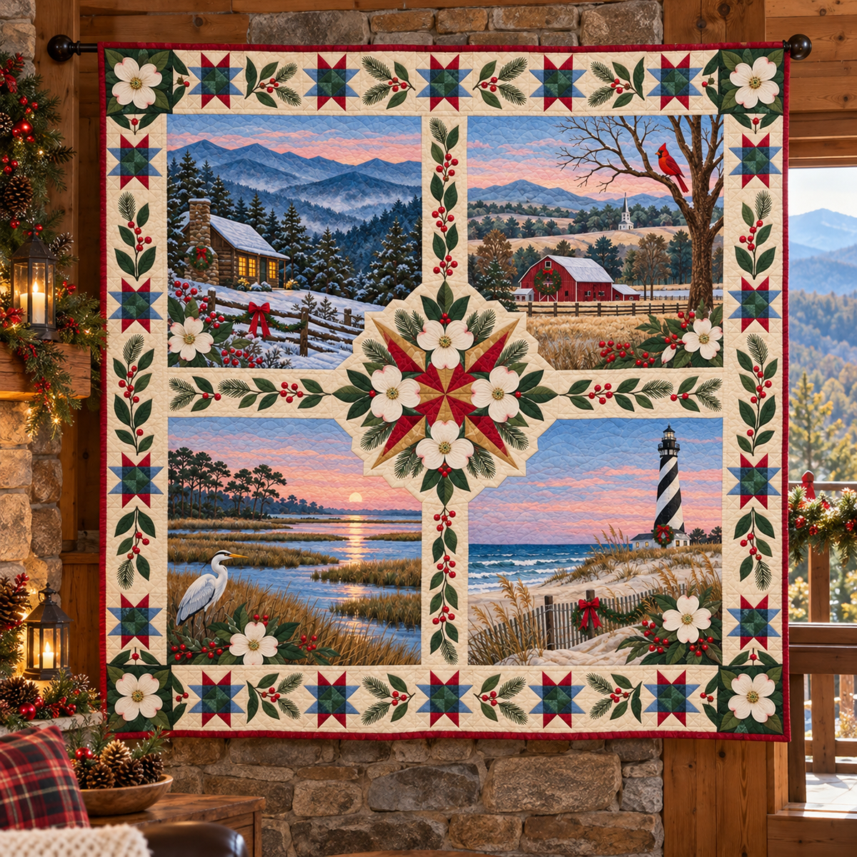 North Carolina Christmas Windows TD271026165 Quilt Blanket — hanging mockup
