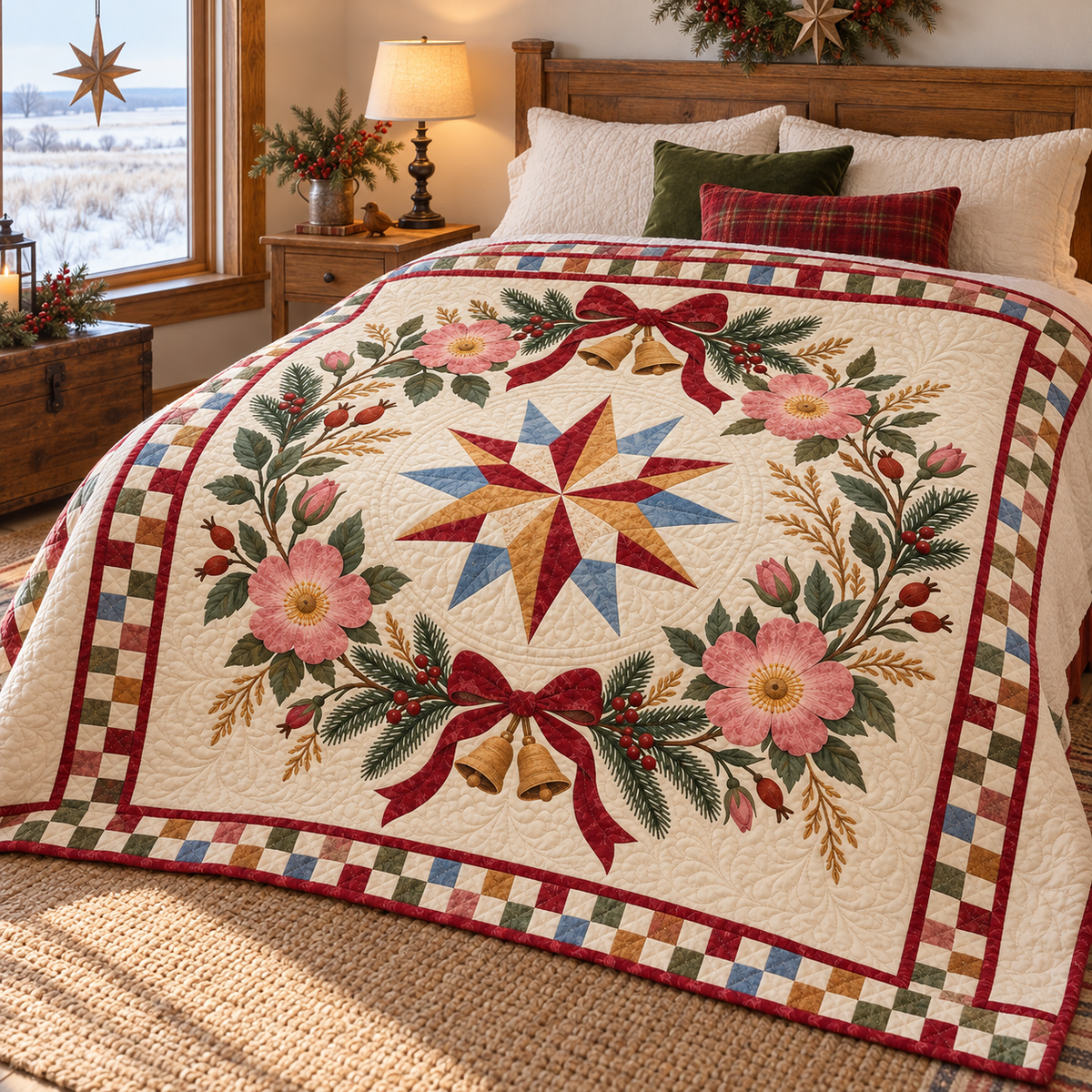 Wild prairie rose Christmas Wreath TD271026167 Quilt Blanket — bed mockup