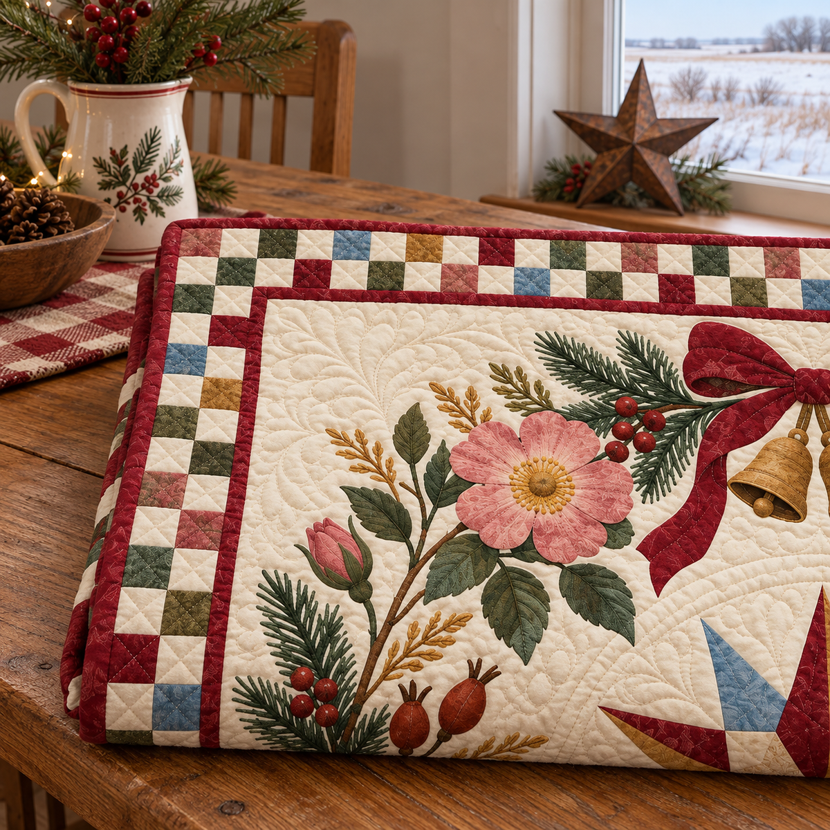 Wild prairie rose Christmas Wreath TD271026167 Quilt Blanket — folded mockup