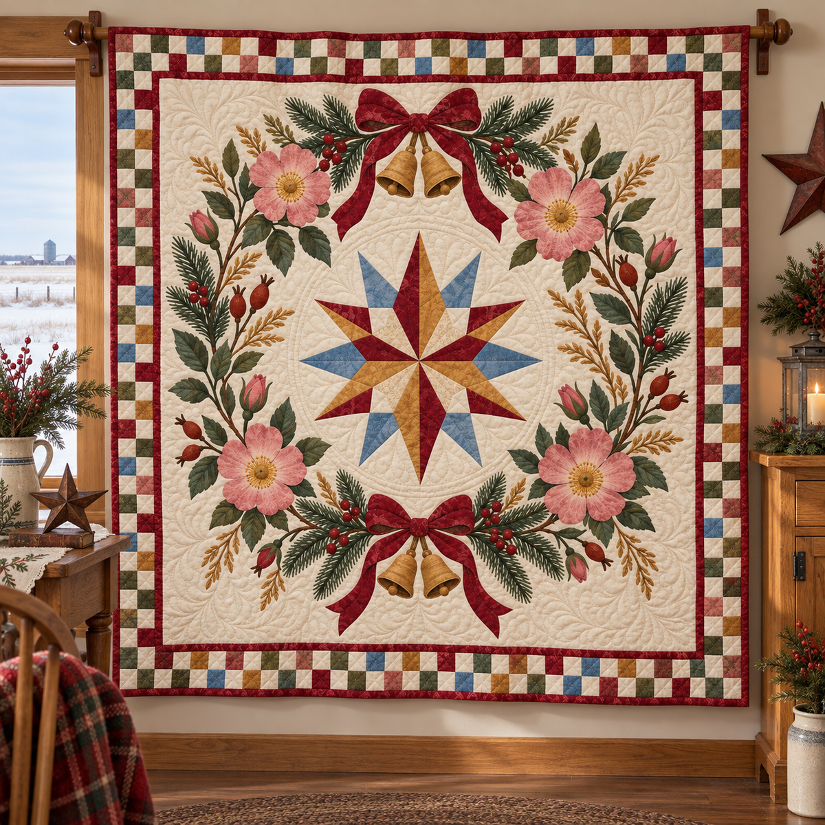 Wild prairie rose Christmas Wreath TD271026167 Quilt Blanket — hanging mockup
