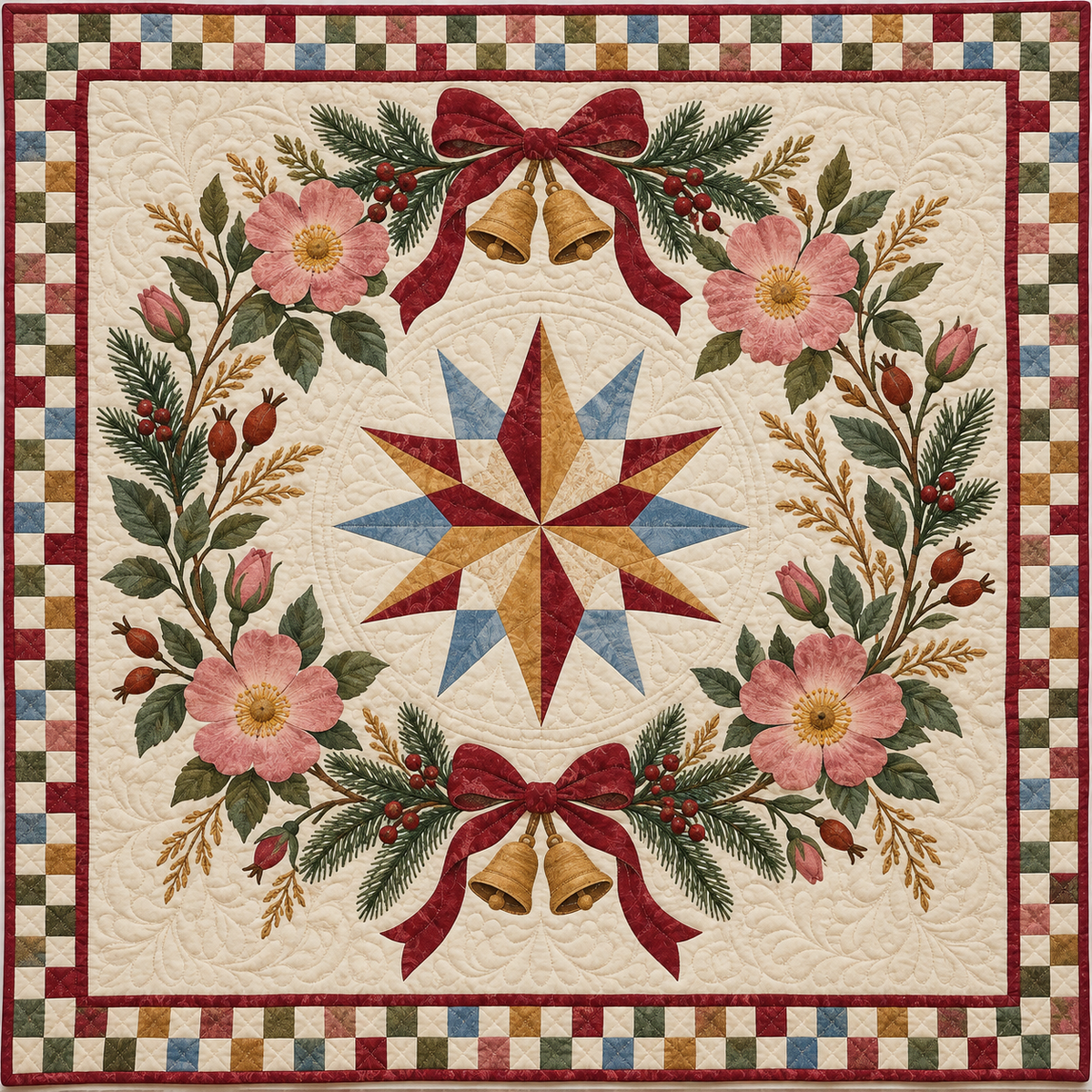 Wild prairie rose Christmas Wreath TD271026167 Quilt Blanket — original design