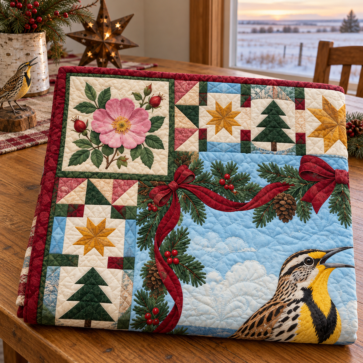 Meadowlark Prairie Rose Christmas Star TD271026168 Quilt Blanket — folded mockup