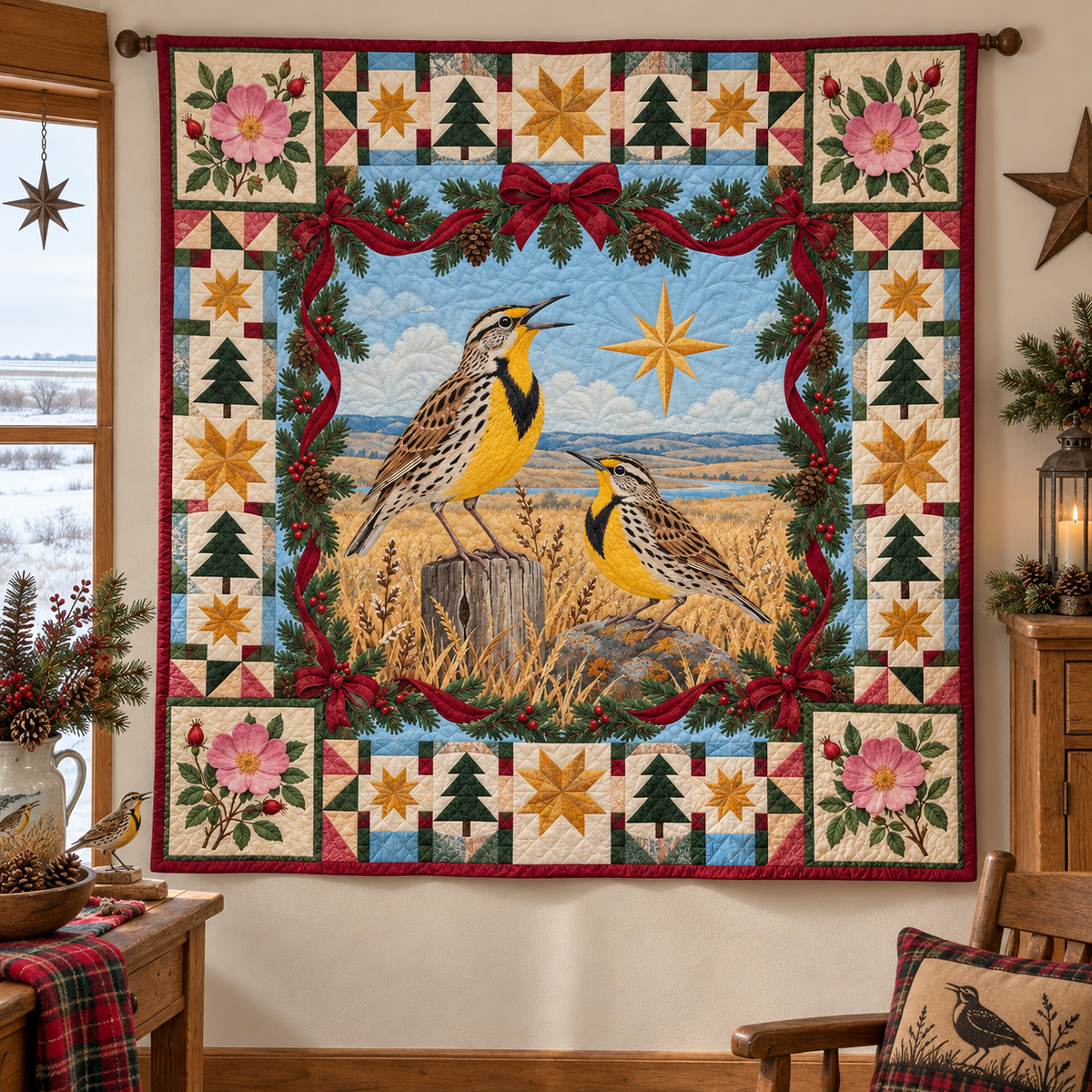 Meadowlark Prairie Rose Christmas Star TD271026168 Quilt Blanket — hanging mockup