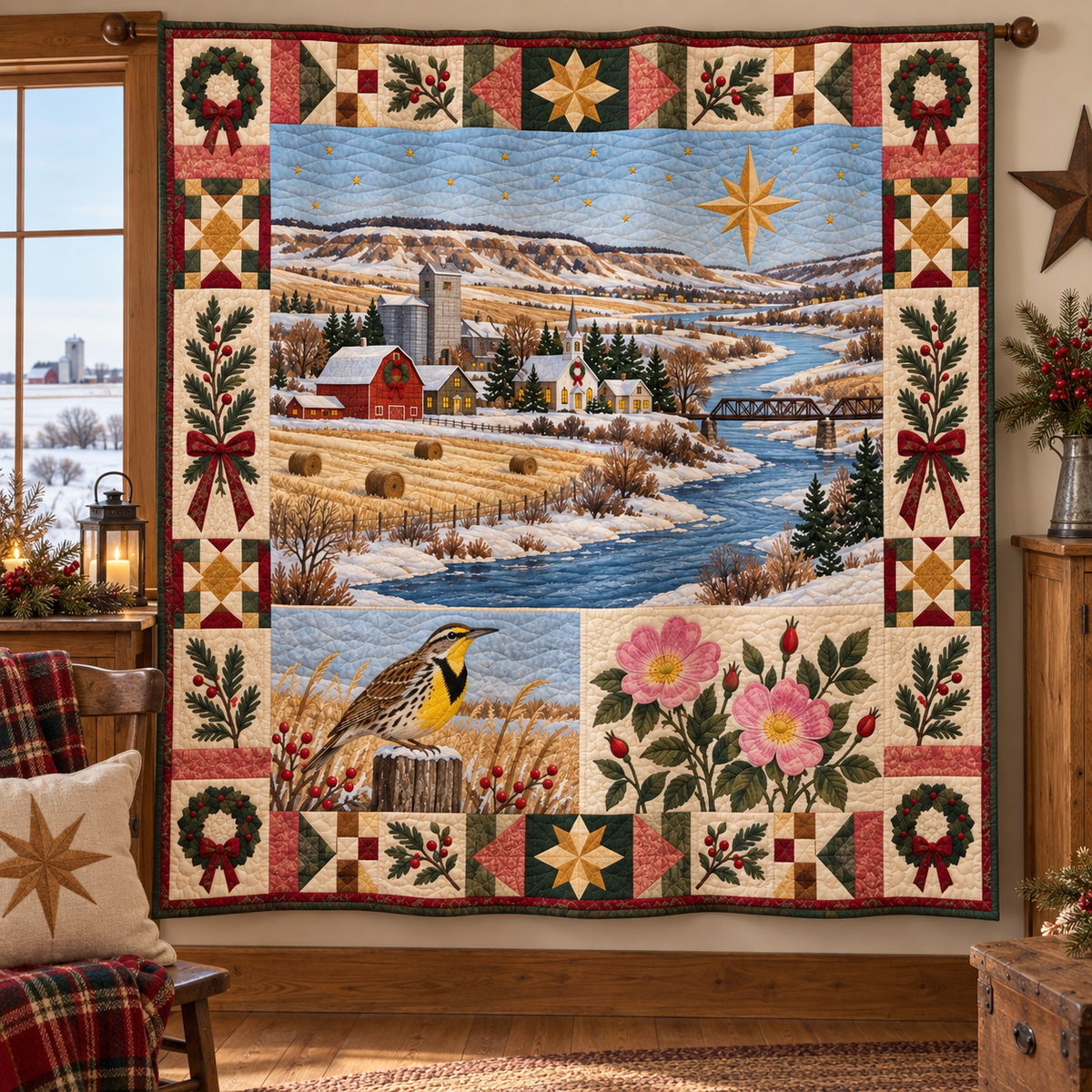 River and Garden Home Christmas Homecoming TD271026169 Quilt Blanket — hanging mockup