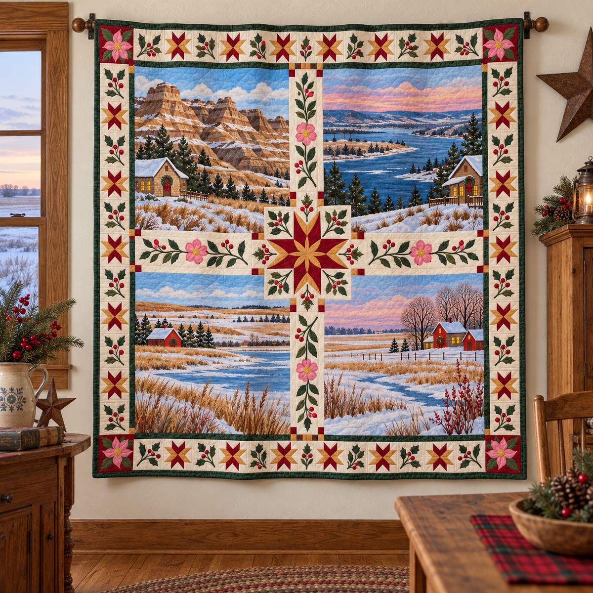 North Dakota Christmas Windows TD271026170 Quilt Blanket — hanging mockup