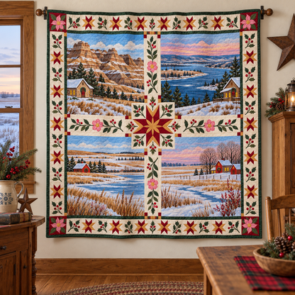 North Dakota Christmas Windows TD271026170 Quilt Blanket — hanging mockup