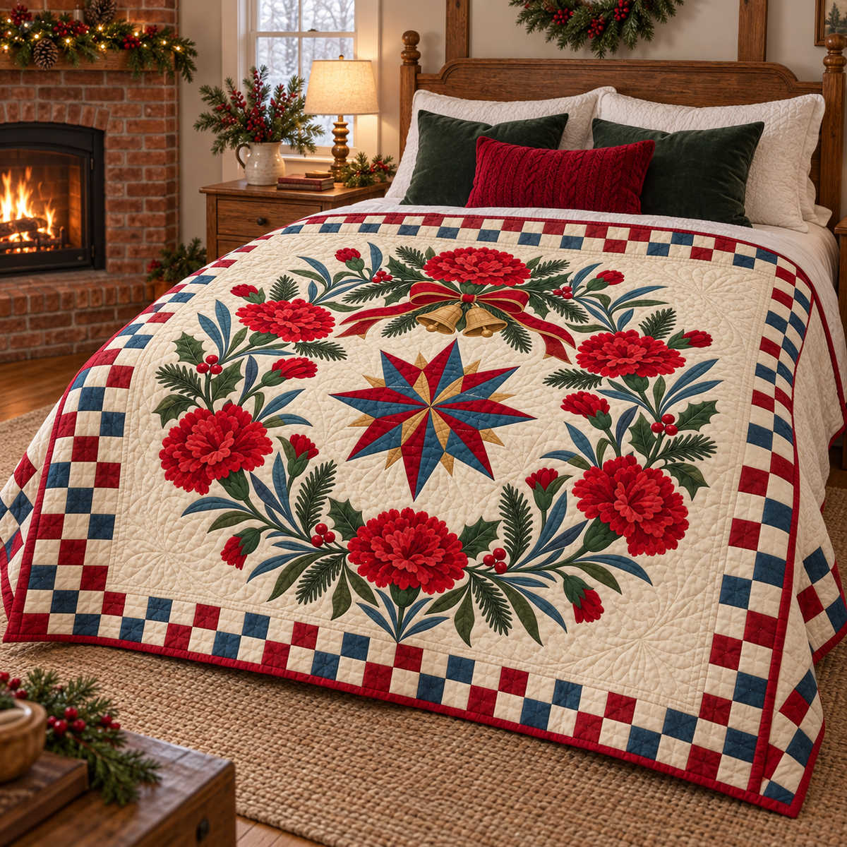 Scarlet carnation Christmas Wreath TD271026172 Quilt Blanket — bed mockup
