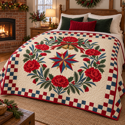 Scarlet carnation Christmas Wreath TD271026172 Quilt Blanket — bed mockup