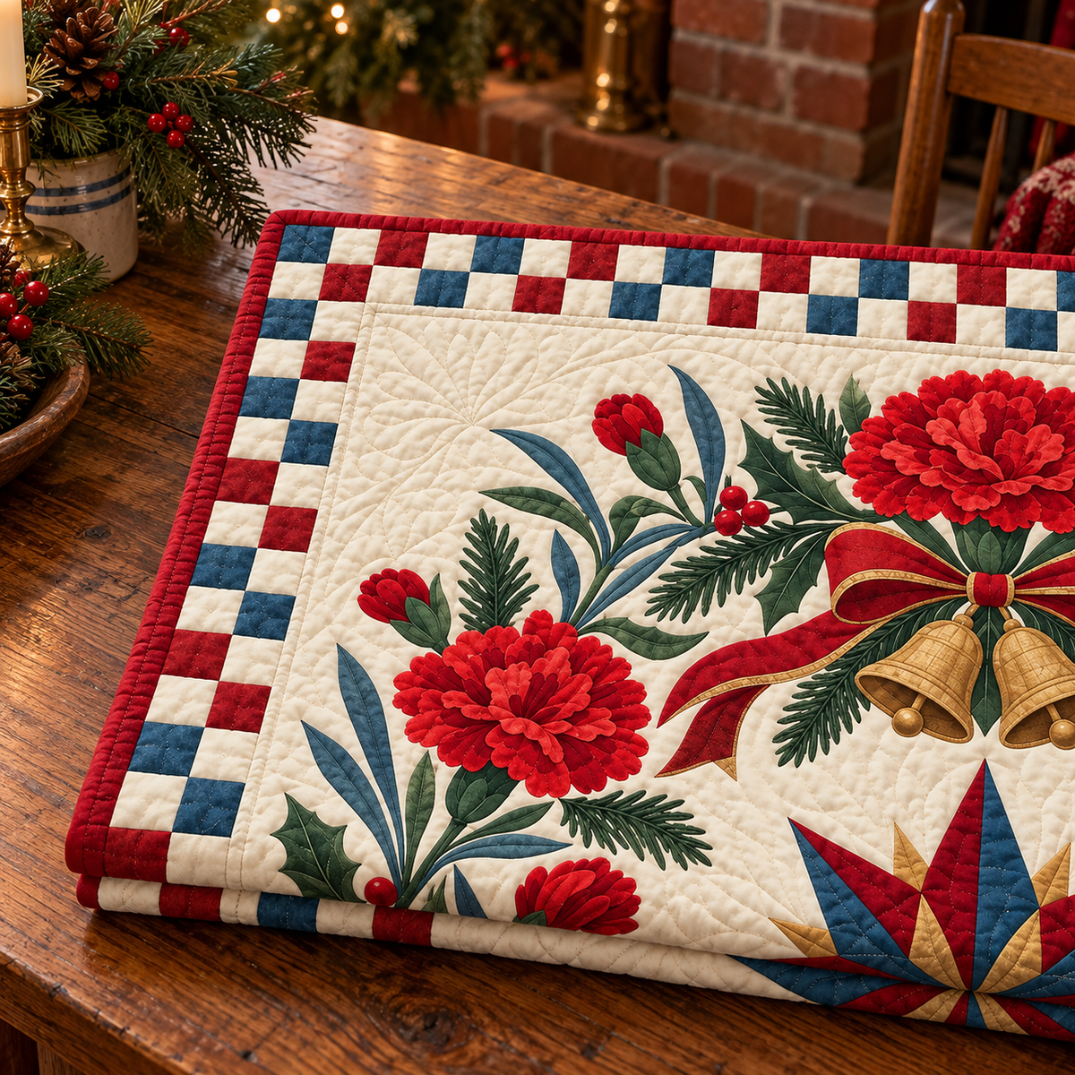 Scarlet carnation Christmas Wreath TD271026172 Quilt Blanket — folded mockup