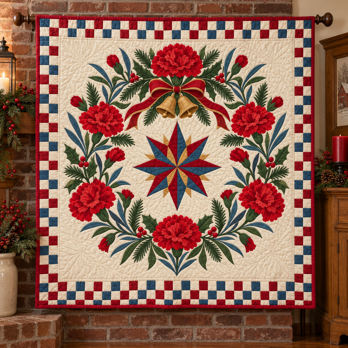 Scarlet carnation Christmas Wreath TD271026172 Quilt Blanket — hanging mockup