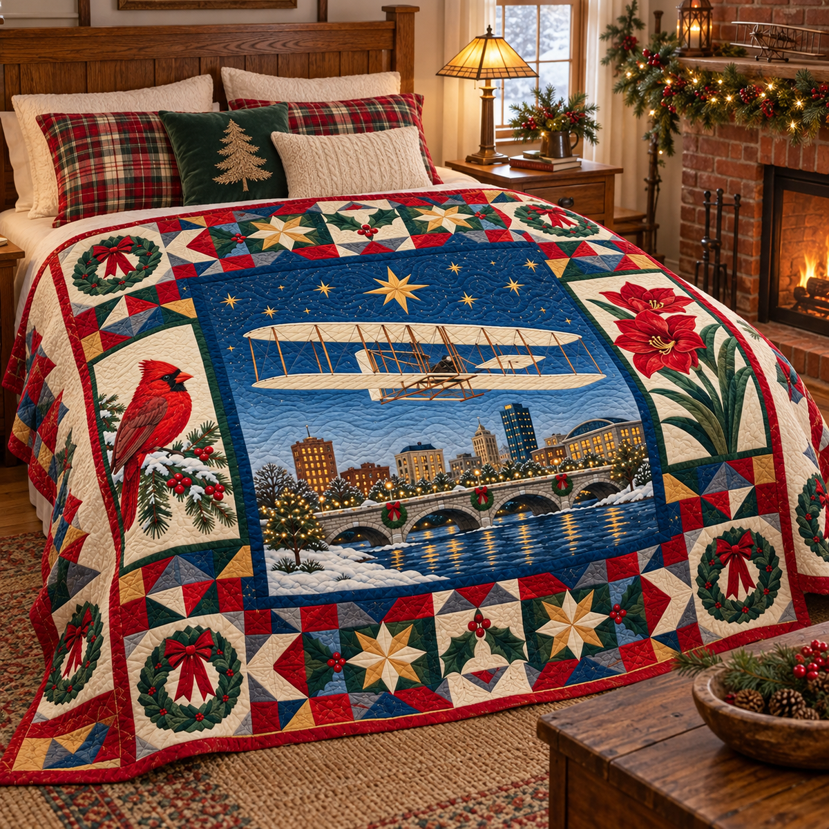 Dayton Wings and Words Christmas Homecoming TD271026174 Quilt Blanket — bed mockup