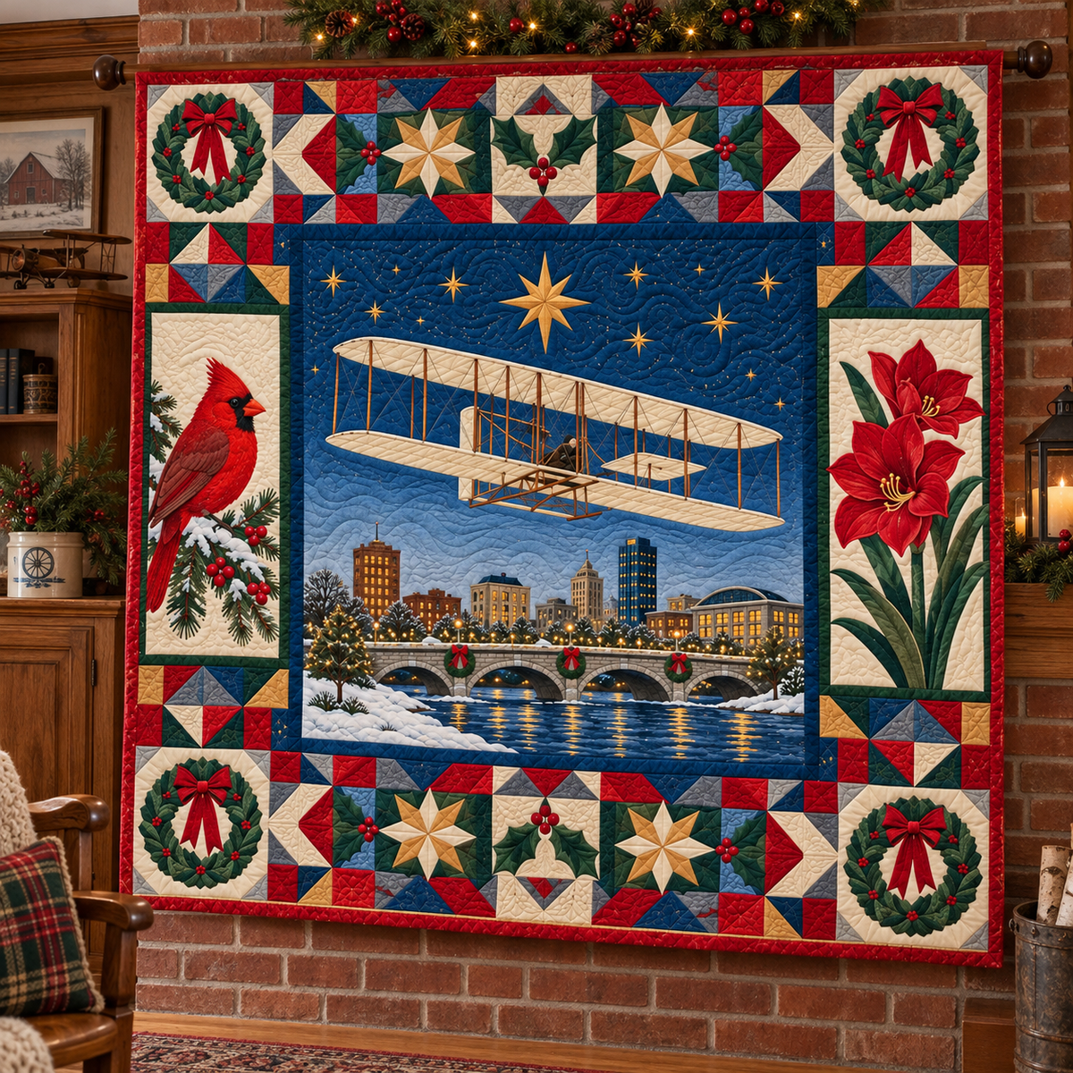 Dayton Wings and Words Christmas Homecoming TD271026174 Quilt Blanket — hanging mockup