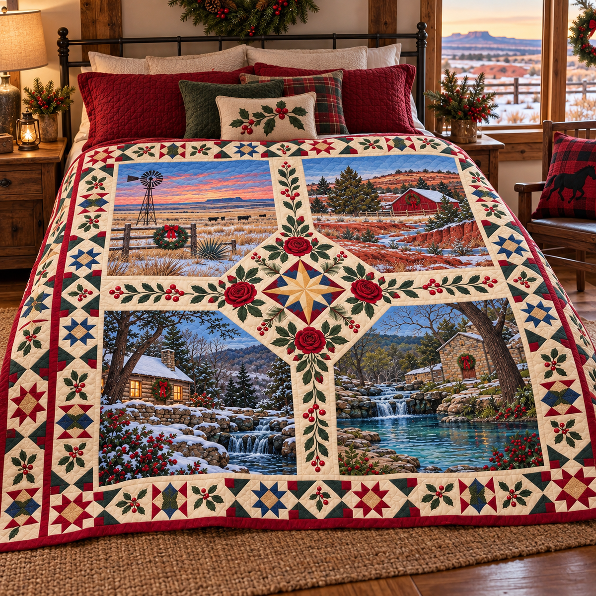 Oklahoma Christmas Windows TD271026180 Quilt Blanket — bed mockup