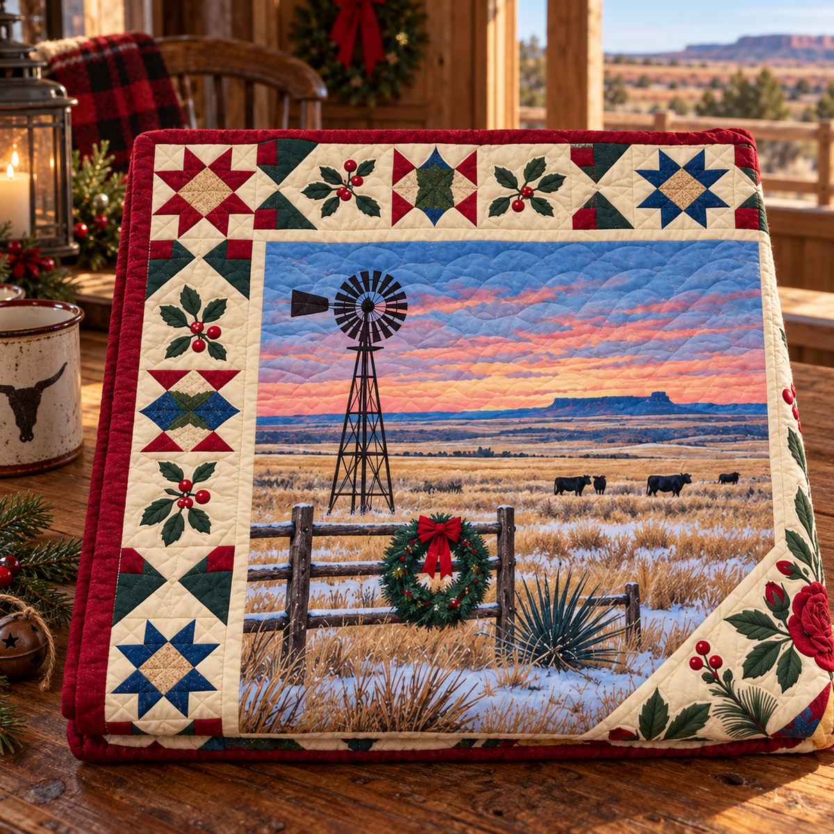 Oklahoma Christmas Windows TD271026180 Quilt Blanket — folded mockup