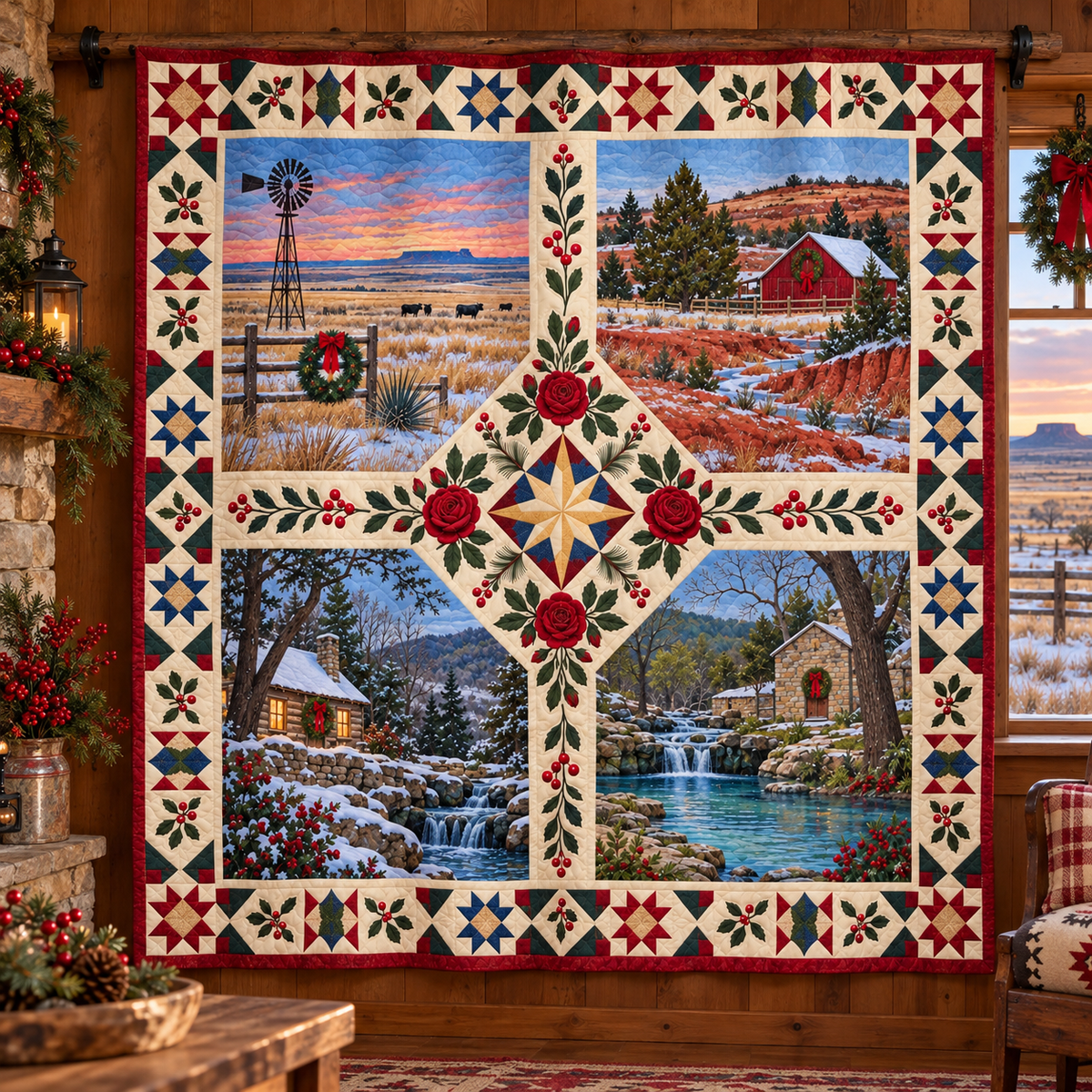 Oklahoma Christmas Windows TD271026180 Quilt Blanket — hanging mockup