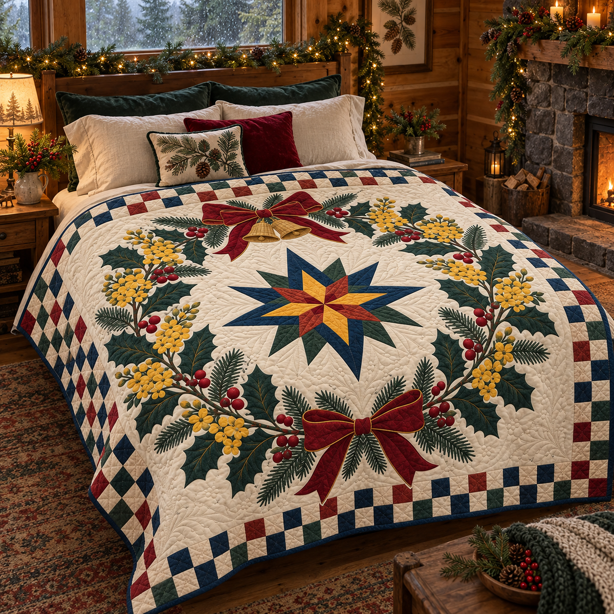 Oregon grape Christmas Wreath TD271026182 Quilt Blanket — bed mockup