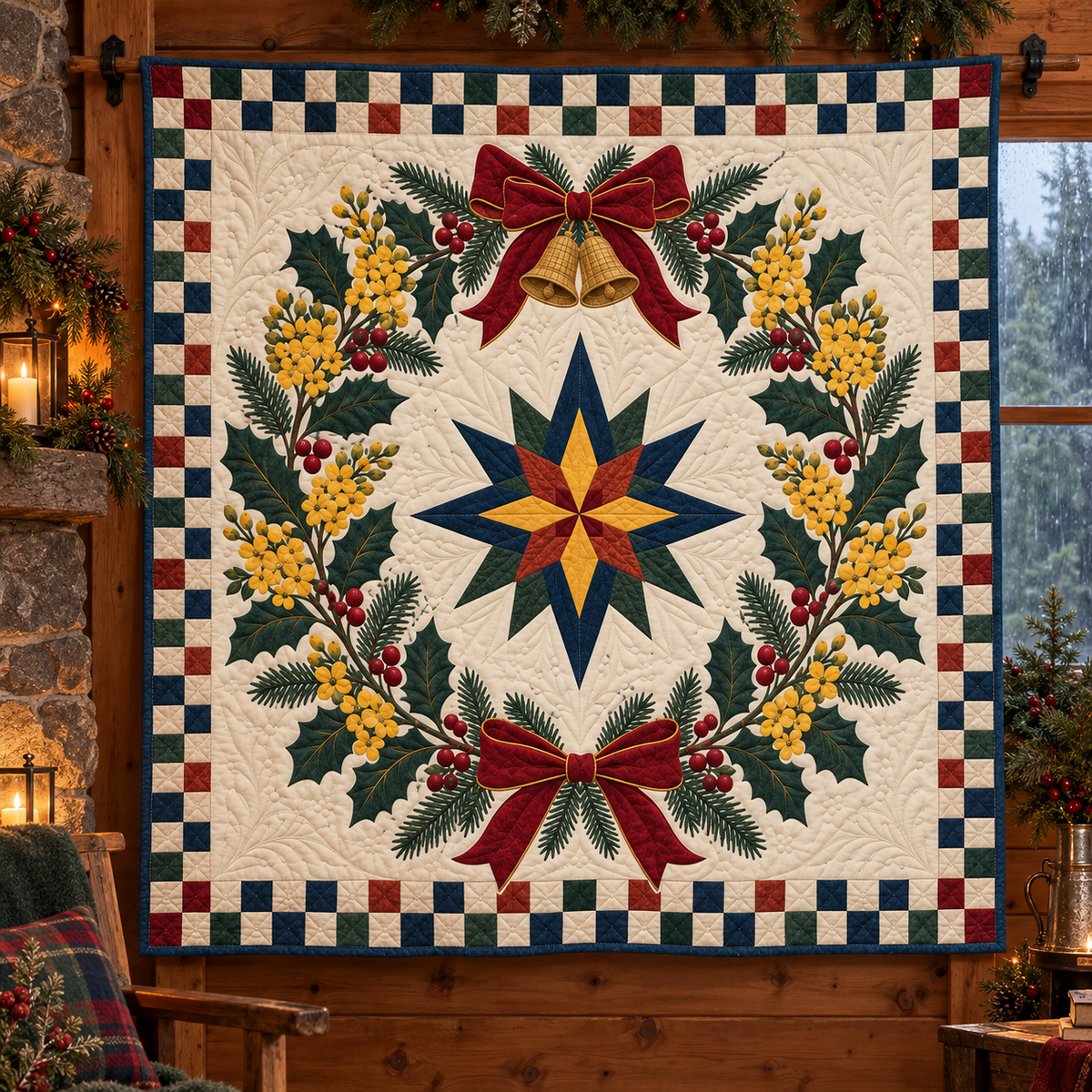 Oregon grape Christmas Wreath TD271026182 Quilt Blanket — hanging mockup