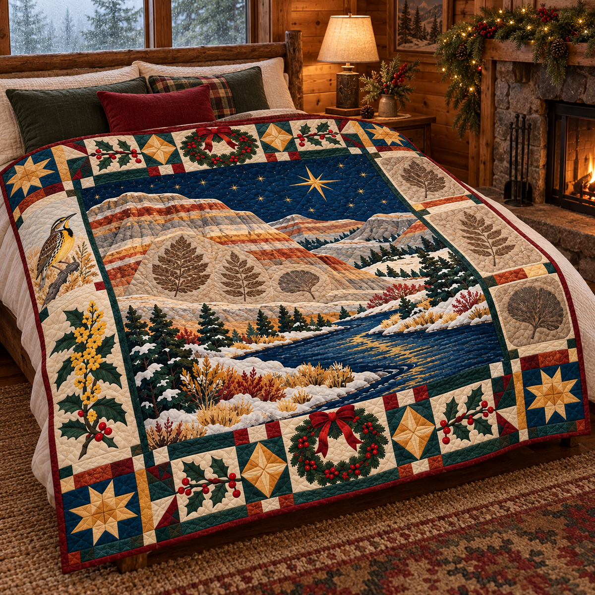 Fossil Leaf Strata Christmas Homecoming TD271026184 Quilt Blanket — bed mockup