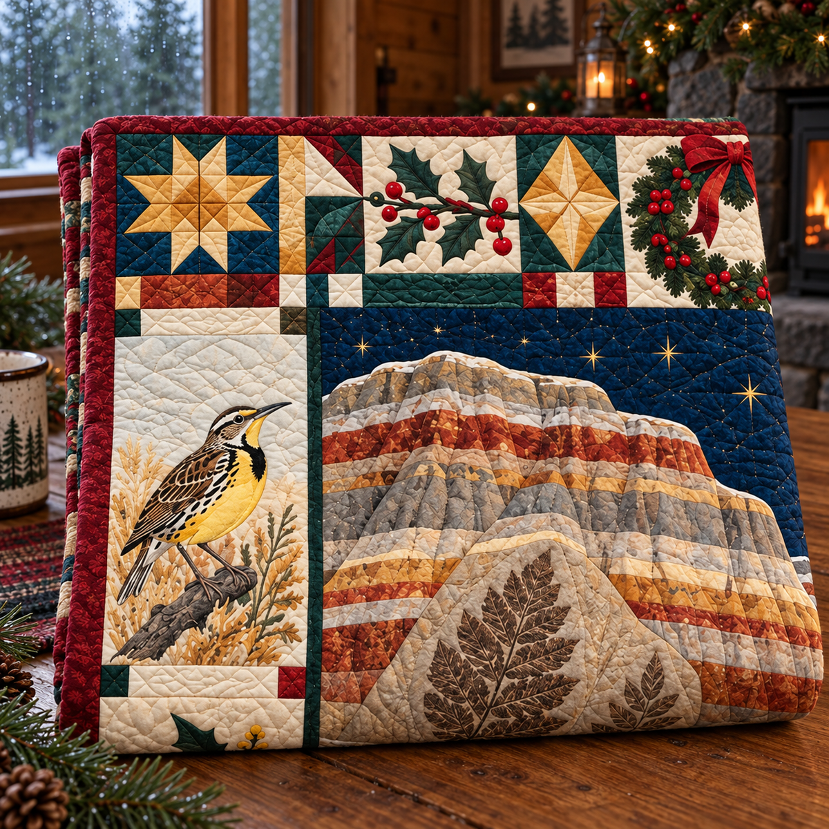 Fossil Leaf Strata Christmas Homecoming TD271026184 Quilt Blanket — folded mockup