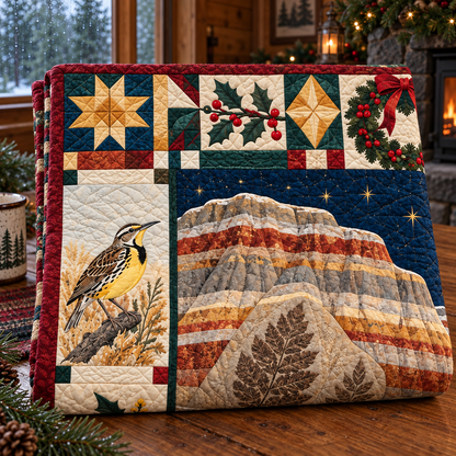 Fossil Leaf Strata Christmas Homecoming TD271026184 Quilt Blanket — folded mockup