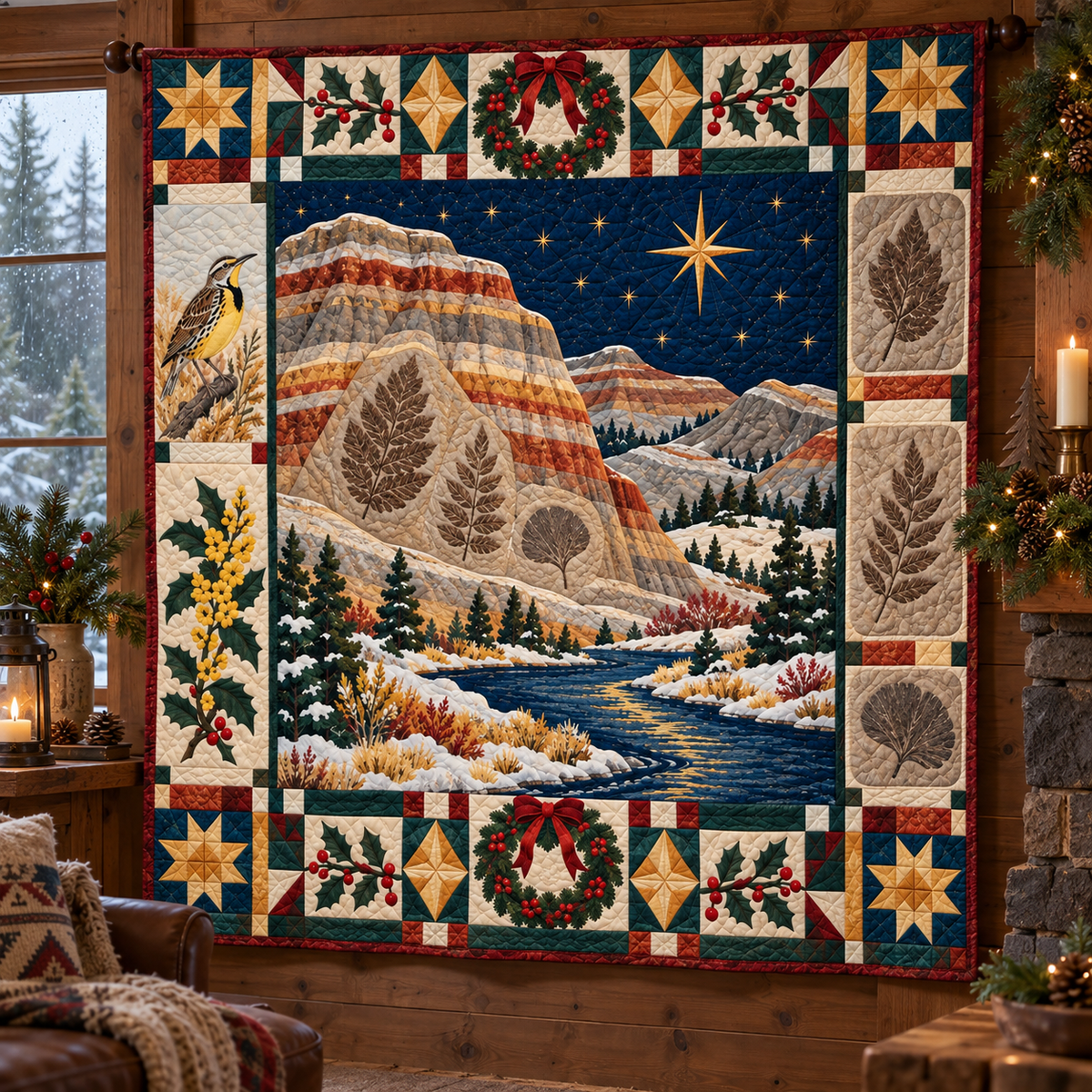 Fossil Leaf Strata Christmas Homecoming TD271026184 Quilt Blanket — hanging mockup