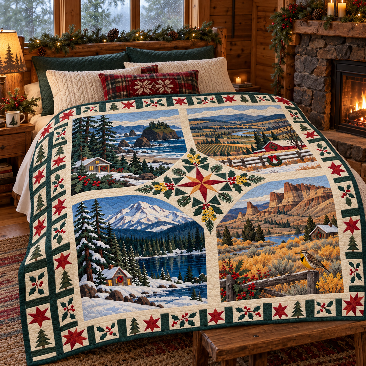 Oregon Christmas Windows TD271026185 Quilt Blanket — bed mockup