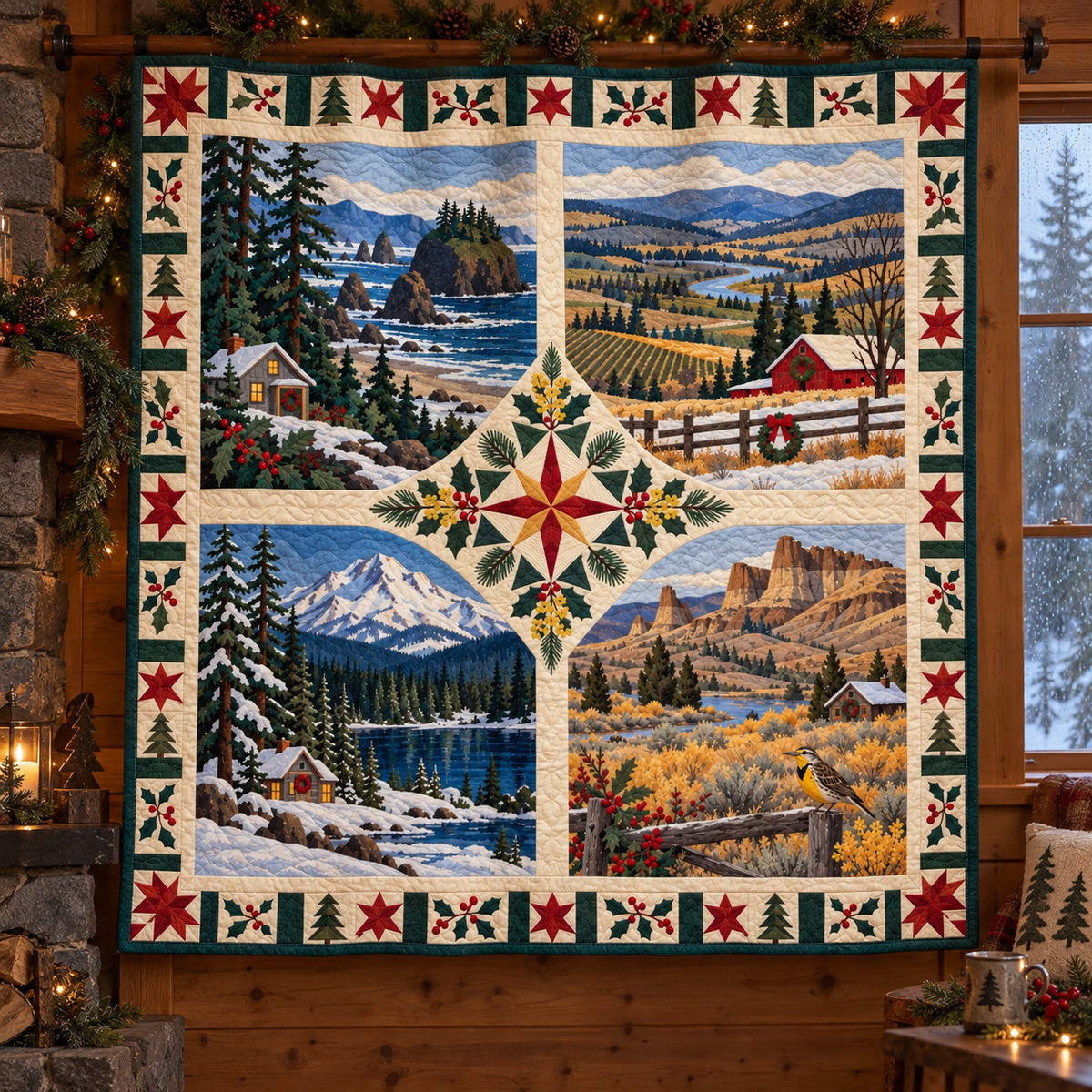 Oregon Christmas Windows TD271026185 Quilt Blanket — hanging mockup