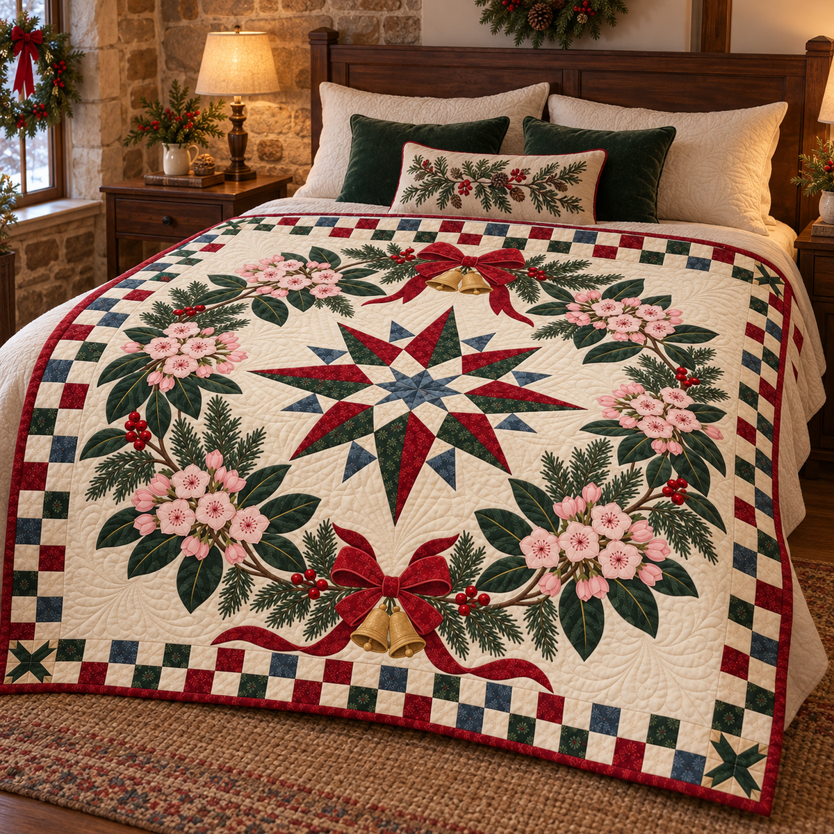 Mountain laurel Christmas Wreath TD271026187 Quilt Blanket — bed mockup