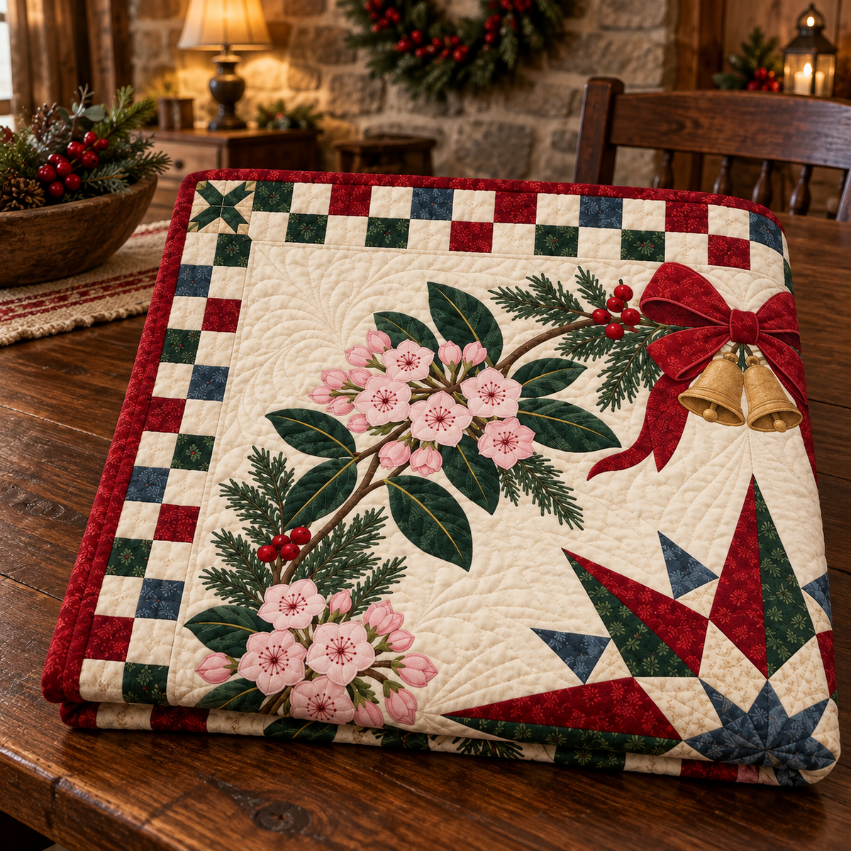 Mountain laurel Christmas Wreath TD271026187 Quilt Blanket — folded mockup