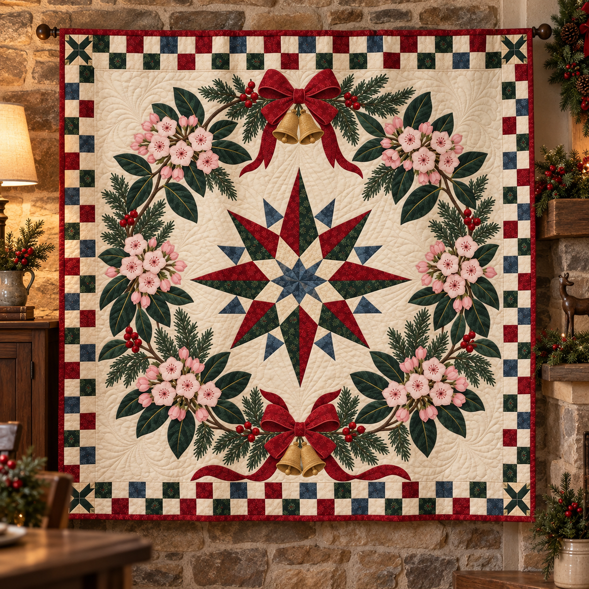 Mountain laurel Christmas Wreath TD271026187 Quilt Blanket — hanging mockup